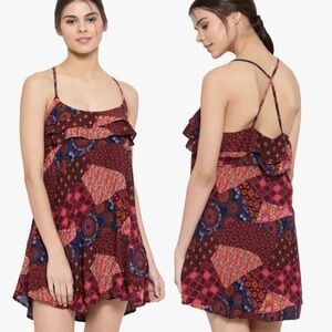 Forever 21 Y2K Bohemian Print Shift Dress Ruffle Size Large Hippie Festival Boho